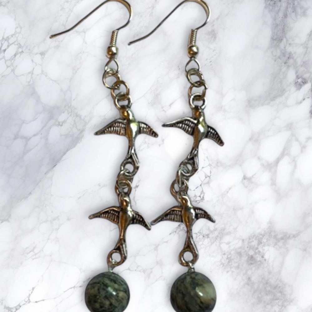 Hand Crafted Earrings Birds Spiderweb Jasper Long Dangle Doves Duster Pierced